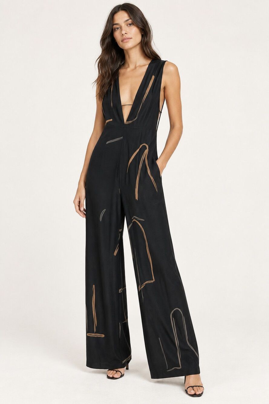 Paloma Wool PWE035 Line Art Plunge V-Neck Wide Leg Jumpsuit S